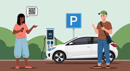 Naklejka premium People charging electric car at public charging station with QR code and parking sign nearby