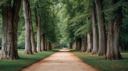 Obraz premium Serene Tree-Lined Pathway Through Lush Green Forest Creating a Peaceful Atmosphere for Nature Lovers and Walkers in Tranquil Outdoor Escape