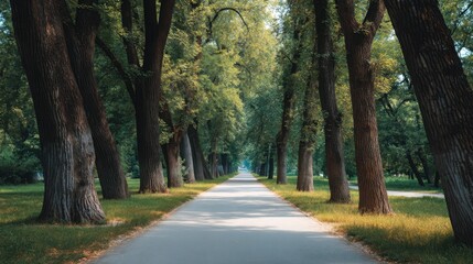 Obraz premium Serene Tree-Lined Pathway in a Lush Green Park with Soft Sunlight Filtering Through the Foliage, Inviting Nature Walks and Relaxation Moments