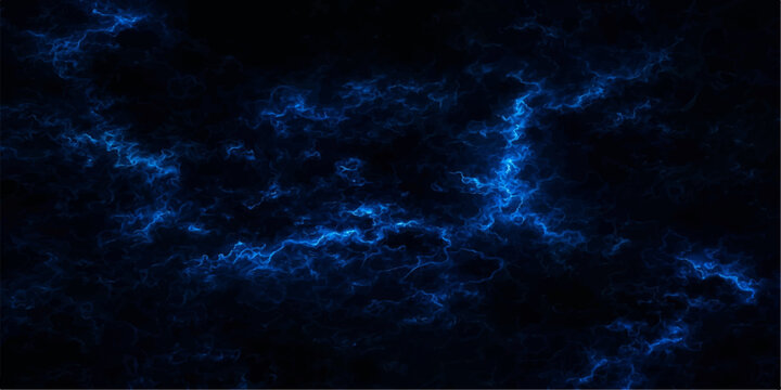 Abstract dark blue sky background featuring stormy clouds and ethereal smoke textures with a hint of lightning and celestial light