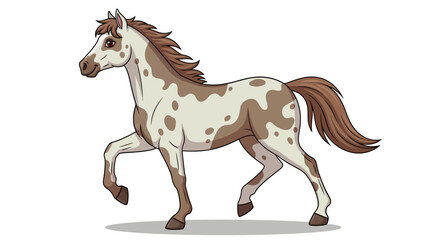 A brown and white horse running with flowing mane and tail in a dynamic pose, captured from a side view © Steven