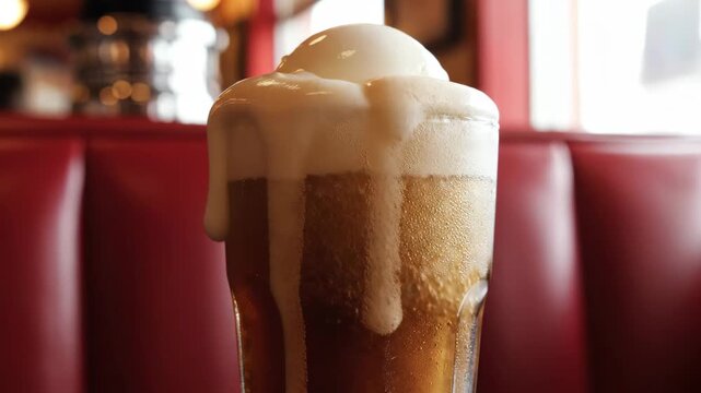 Vanilla ice cream soda float foaming in diner 4K Video