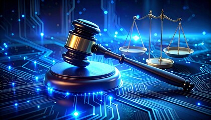 Glowing gavel and scales of justice on digital circuit background, symbolizing fairness, authority, cybersecurity law, and technological modernization.