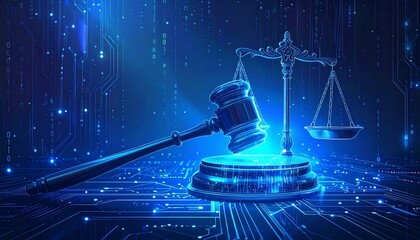 Glowing gavel and scales of justice on digital circuit background, symbolizing fairness, authority, cybersecurity law, and technological modernization.