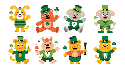 Obraz premium Collection of cute cartoon animal characters happily celebrating st patricks day wearing green festive clothing and holding shamrocks.