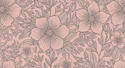 Fototapeta premium A serene illustration of flowers and leaves in a seamless pattern from a close-up viewpoint