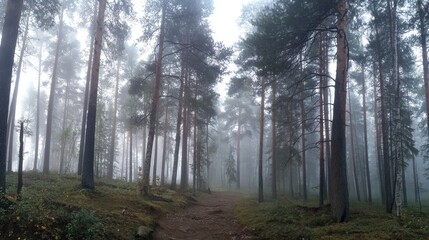 Fototapeta premium Misty Forest Pathway Surrounded by Tall Pine Trees in a Mysterious Gray Foggy Atmosphere on a Calm and Serene Day in Nature