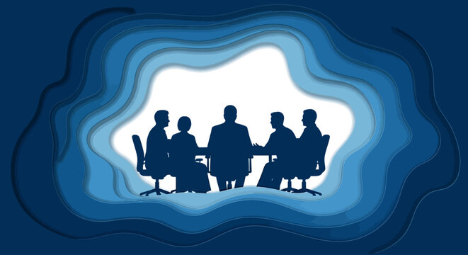 Group of professionals engaged in a collaborative discussion around a table, viewed from above in a modern office setting