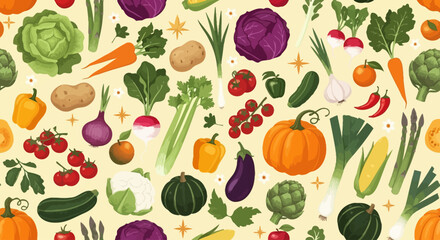 Assorted vegetables and fruits displayed in a vibrant pattern, showcasing various textures and colors, ideal for culinary and lifestyle themes