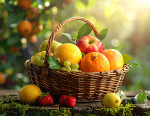 Healthy food concept: wicker basket filled with fresh fruits including apples, oranges, pears, grapes and berries. 