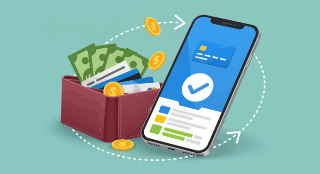 Mobile banking app illustration showing wallet and currency transfer on smartphone screen with verification checkmark