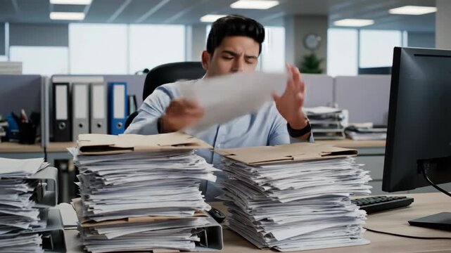 Overwhelmed office worker surrounded by large stacks of paperwork and documents in a busy corporate office environment setting daily.