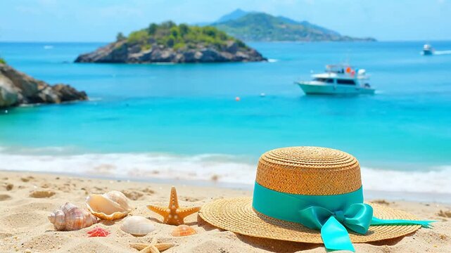 Beach hat and shells by ocean