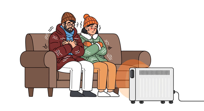 Couple sitting together on a couch with a heater in a cozy living room scene from a frontal viewpoint