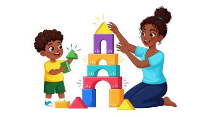 Mother and child building a colorful block tower together on the floor in a playful setting © Steven