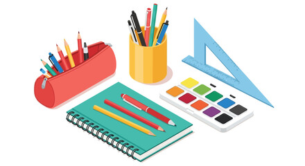 Art supplies including colored pencils and paint palette arranged on a table with a notebook and ruler nearby