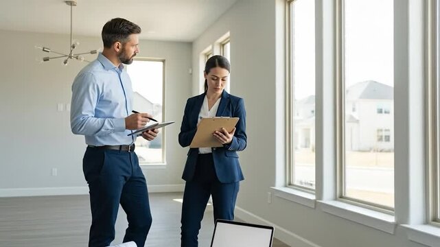 Professional man and woman discussing business documents and plans in a bright, modern empty room with large windows, collaborating on real estate.