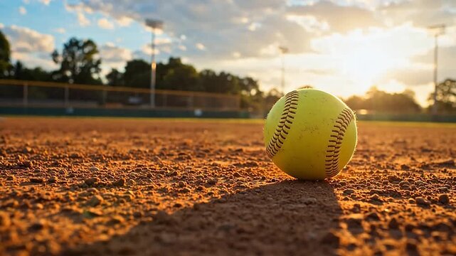 Softball on dirt field at sunset