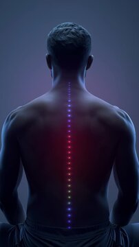 Back view of human body with glowing spine lights, conceptual illustration of nervous system, energy flow, healing and medical anatomy