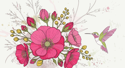 A hummingbird feeding on nectar from pink flowers in a lush floral arrangement with green leaves and buds. © Steven