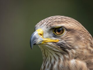 Closeup of a brown hawks head with yellow beak and eye