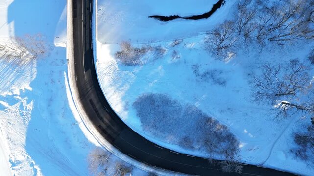 Top Down Winter Road and Frozen River in Pirita, Tallinn
