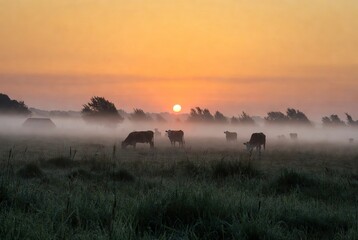 Cattle graze peacefully in a misty meadow as the sun rises over the horizon, painting the sky in warm hues