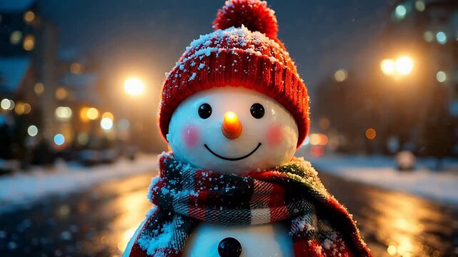 Snowman in winter city street