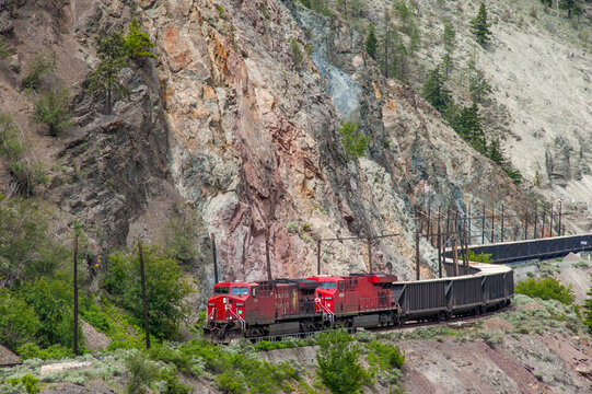 Canada, BC, Lyton.  CP Rail train carrying coal in Thompson River canyon half way between Spences Bridge and Lyton.  Viewed from Hwy 1