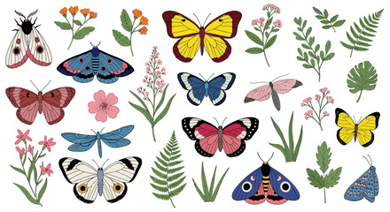 Vibrant butterflies and moths surrounded by lush greenery and colorful flowers in a lively illustration © Steven