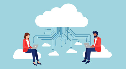 Two professionals collaborating on laptops while sitting on clouds with a large cloud and circuitry in the background