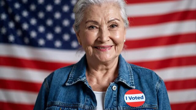 Caucasian senior woman smiles with I voted sticker on Election Day, proudly standing before the USA flag, civic duty concept.