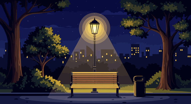 A serene bench under a street lamp in a peaceful park at night surrounded by trees and city lights in the distance