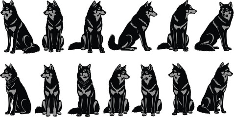 Husky dog silhouette set, sitting standing poses, domestic canine pet vector illustration, isolated breed clipart collection bundle graphic © MdJakirIbne