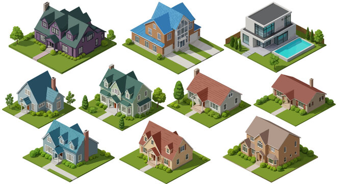 Aerial view of various modern and traditional houses in a suburban landscape with lush greenery