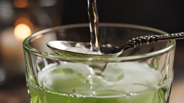 Water Pouring Over Sugar Cube Into Absinthe Glass 4K Video