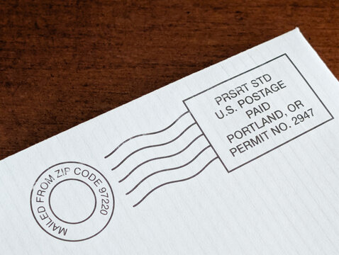 US presort mailing import or indicia on corner of an envelope