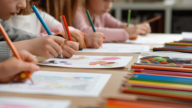 Children coloring pictures with pencils at classroom table, close view showing creative learning activity and early education development