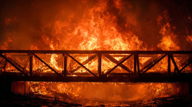 Burning wooden bridge in close-up with intense flames engulfing the structure