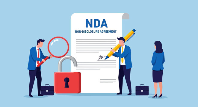 Business professionals examining Non-Disclosure Agreement document with magnifying glass and pencil