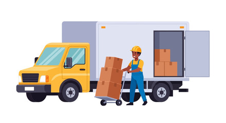 Fototapeta premium Delivery worker unloading packages from a large truck