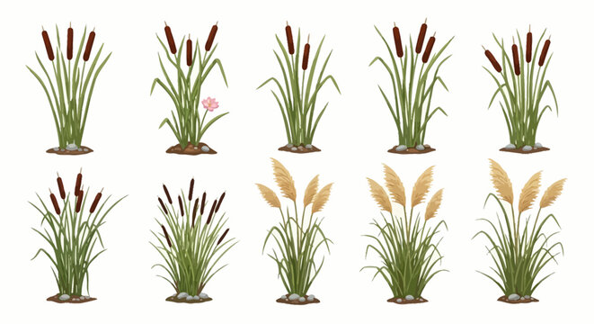 Collection of assorted cattail plants in various stages of growth and bloom depicted in a grid layout