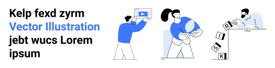 People holding puzzle pieces, analyzing video content, and managing risks. Ideal for teamwork, education, problem solving, growth, strategy, risk simple landing page