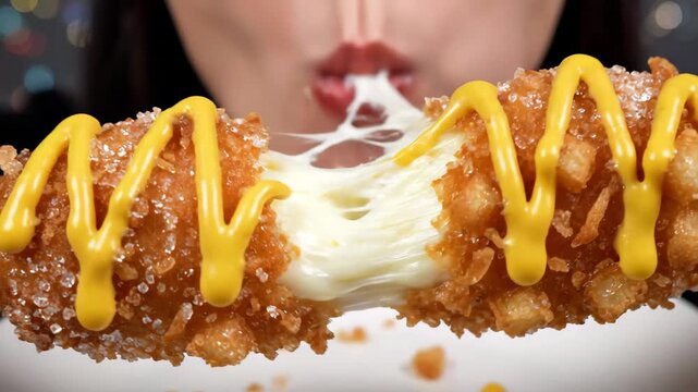 Woman eating a crispy Korean corn dog with cheese pull 4K Video