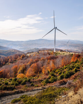 Traditional pomak villages Ano Vyrsini and Organi near the Rodopi mountains region, Komotini and Xanthi Greece, Basma tobacco cultivation, beautiful landscape, wind turbines