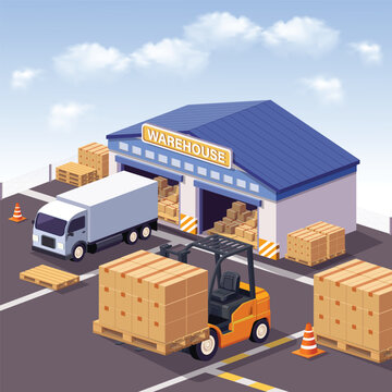 Isometric warehouse logistics set with forklift, pallet, cardboard boxes, cargo truck  storage building. Supply chain distribution, shipping delivery, inventory management ecommerce fulfillment vector
