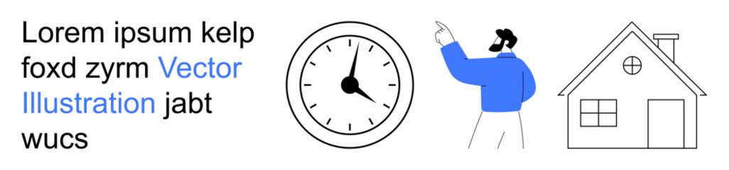Fototapeta premium Time management, communication, home lifestyle, creativity, graphic design, placeholders. Includes a clock, a person pointing and a simplistic house. Time management and communication concept