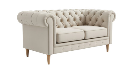 Elegant tufted sofa with wooden legs in a neutral cream color