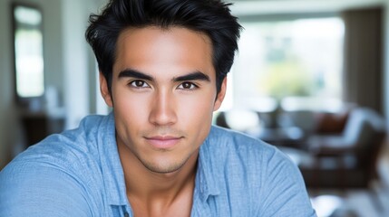 A man with a blue shirt and short hair is smiling for the camera. Scene is lighthearted and friendly