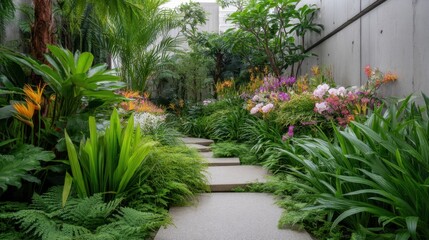Serene Garden Pathway Surrounded by Lush Greenery and Vibrant Flowers in a Tranquil Outdoor Oasis with Modern Architectural Elements